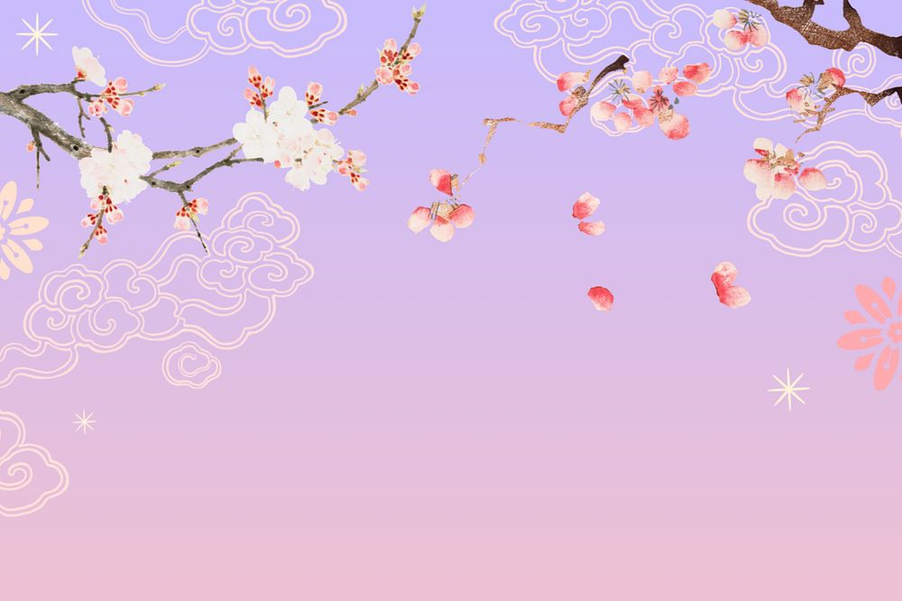 Cherry blossom sunset background, purple gradient, editable design