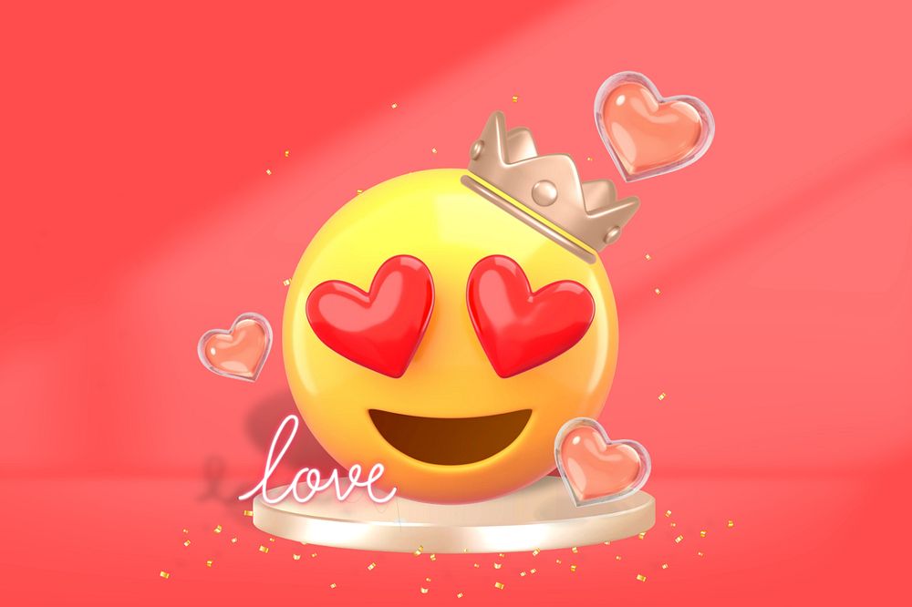 Heart-eyes crown emoticon background, blue 3D, editable design