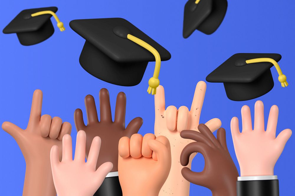 Throwing graduation caps background, 3D education graphics, editable design