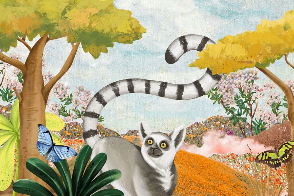 Cute lemur wildlife background, botanical illustration