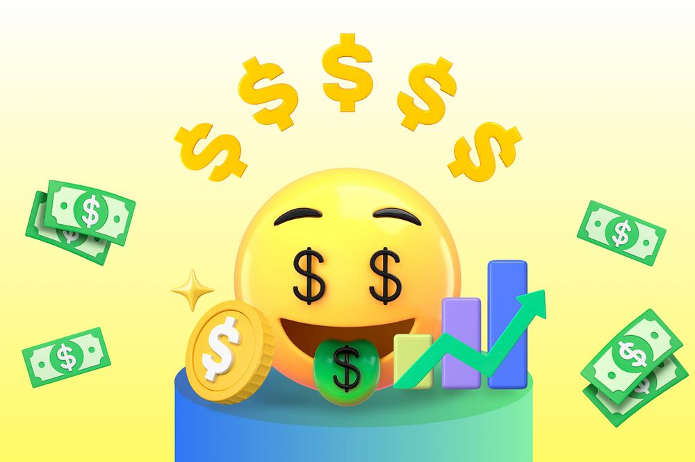 Money face 3D emoticon, growing revenue business, editable design