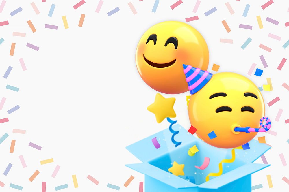 Birthday party emoticons background, 3D confetti frame, editable design