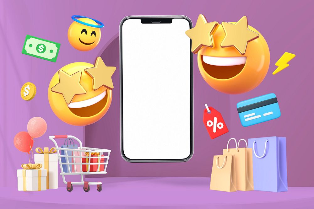 Online shopping 3D emoticons illustration, editable design