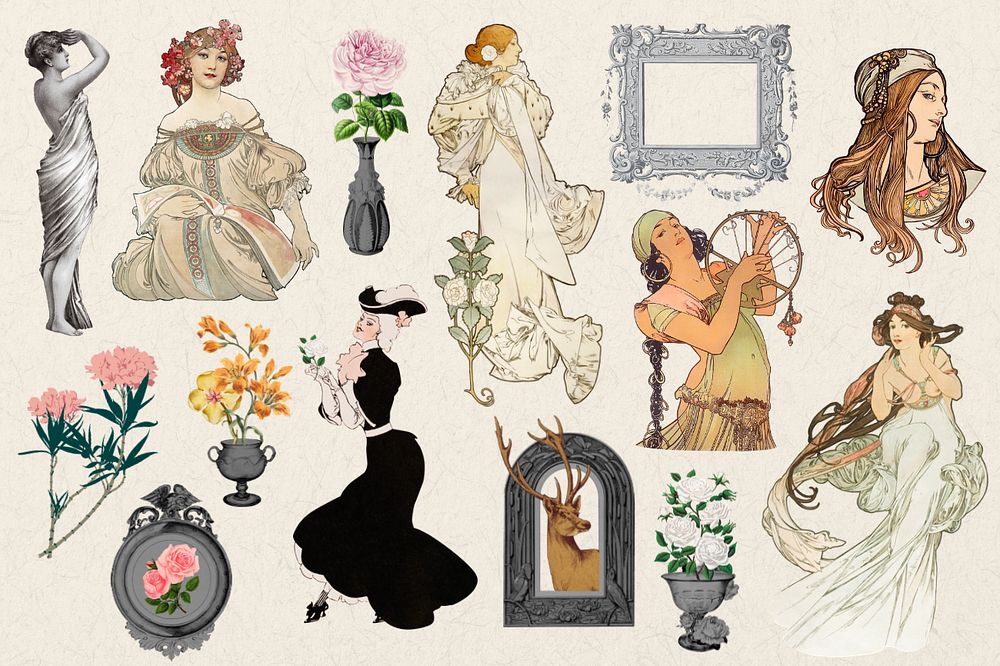 Vintage Art Nouveau woman character clipart set, remixed by rawpixel, editable design