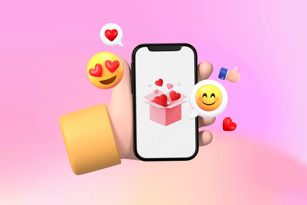 Love messages on phone screen, 3D emoticons, editable design