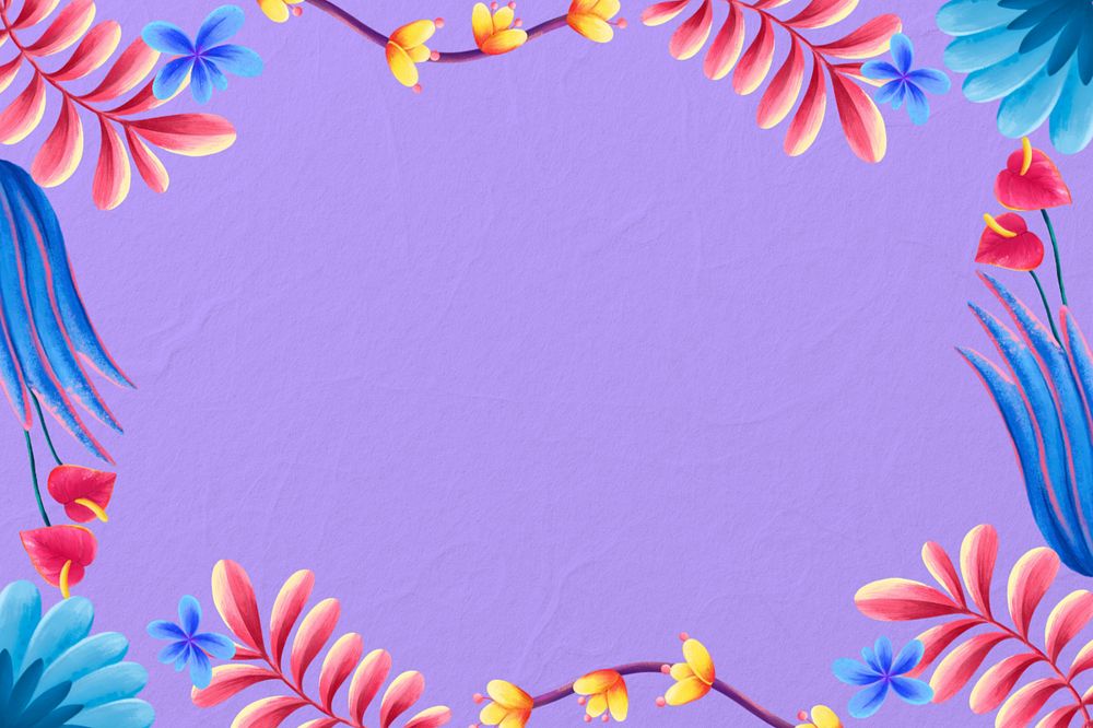 Tropical flowers frame background, purple botanical