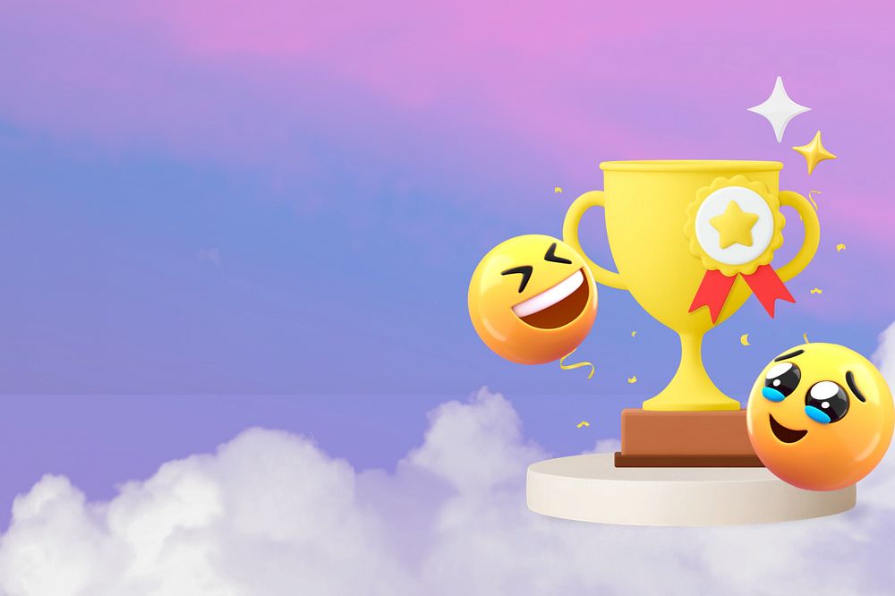 3D winning emoticon background, trophy illustration, editable design