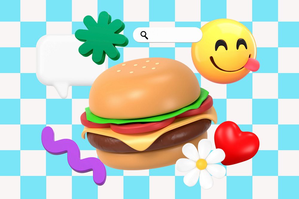 3D emoticon searching for hamburger illustration, editable design