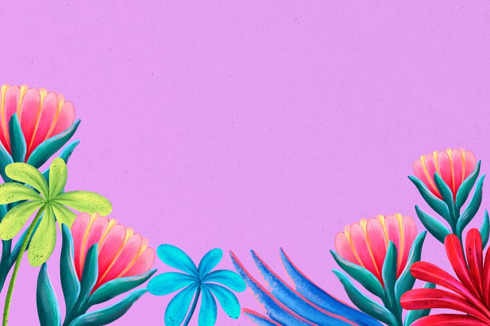 Tropical flowers border background, purple botanical