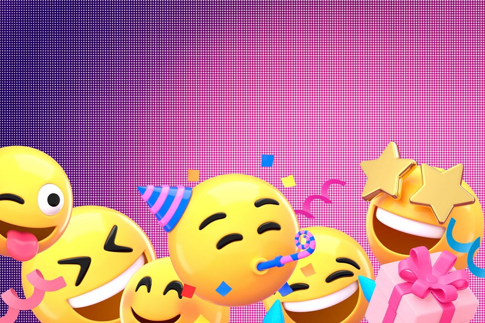 Pink grid background, 3D party emoticons border, editable design