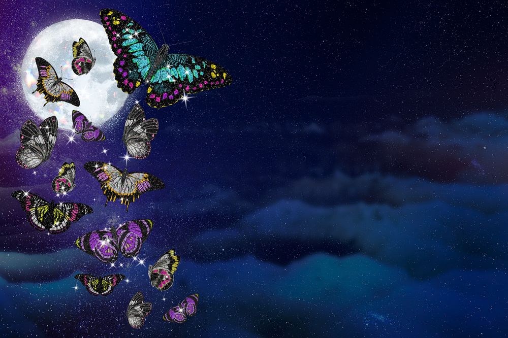 Dreamy butterflies background, editable full moon surreal design