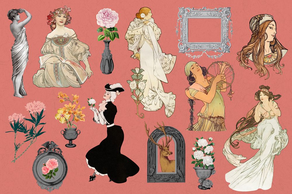 Vintage Art Nouveau woman character clipart set, remixed by rawpixel, editable design