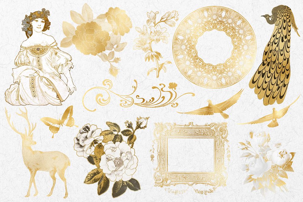 Gold vintage Art Nouveau character clipart set, remixed by rawpixel, editable design