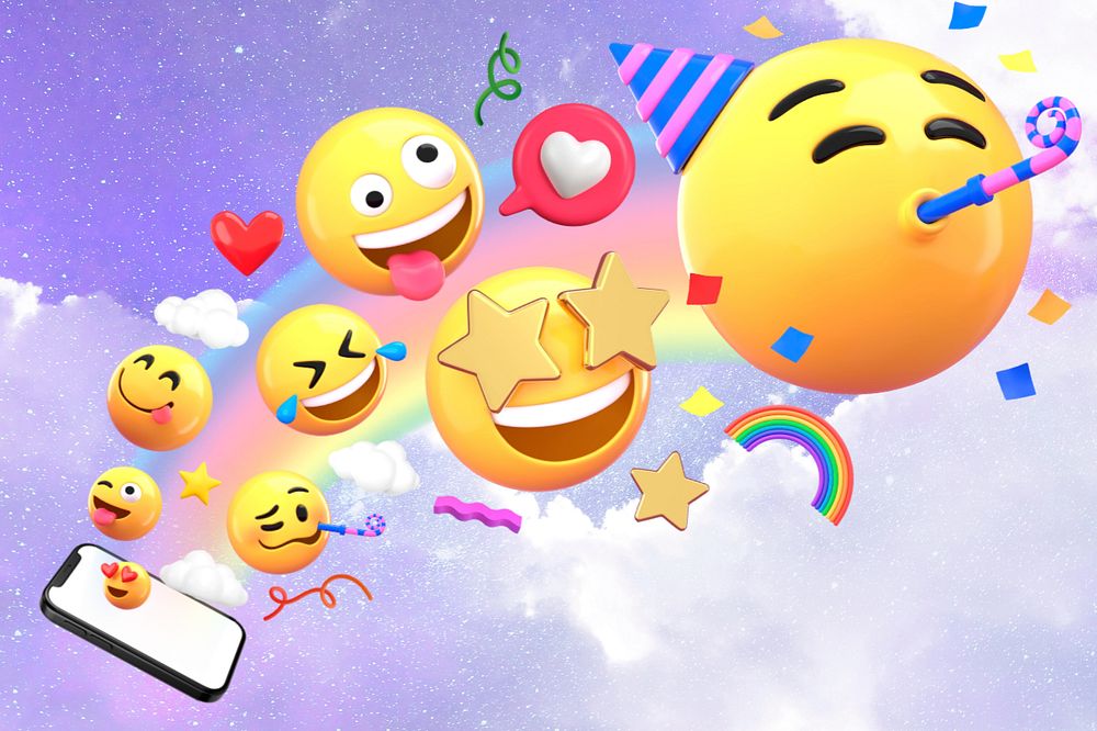 Aesthetic sky background, bursting party emoticons, editable design