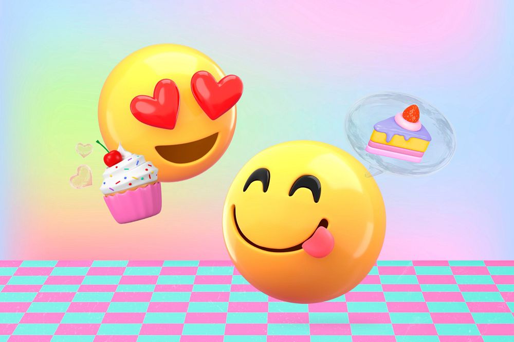 3D emoticons eating cakes, food illustration, editable design