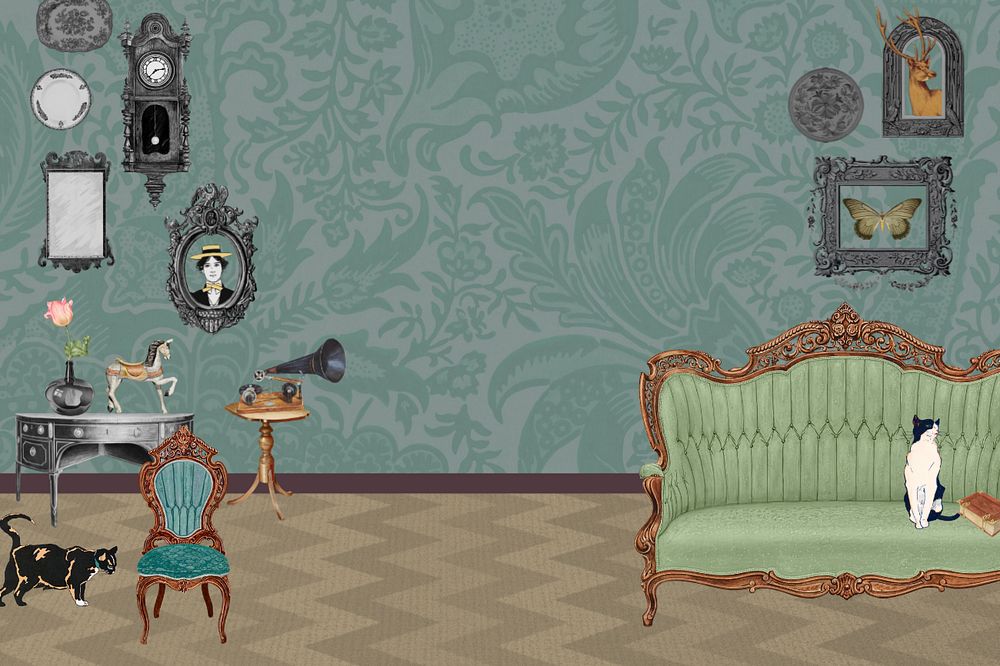 Cats in living room background, editable Art Nouveau drawing, remixed by rawpixel