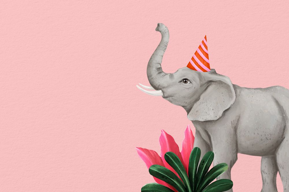 Pink birthday elephant background, leaf border