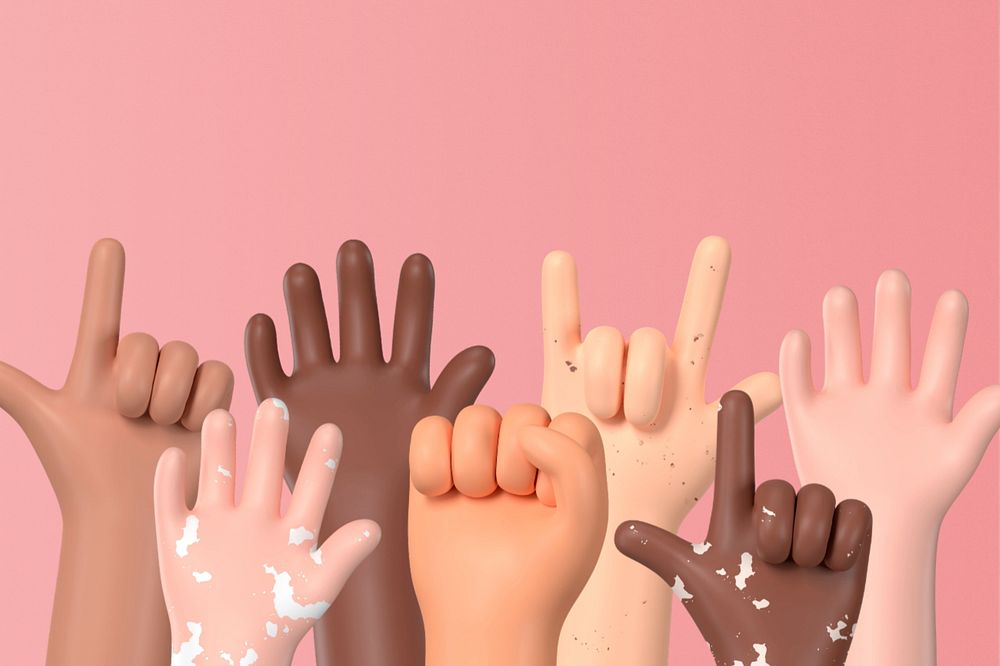 Diverse raising hands background, 3D rendering, editable design