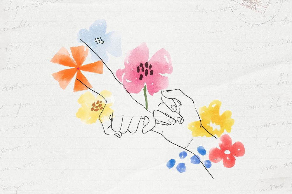 Pinky promise hands background, cute flowers illustration, editable design