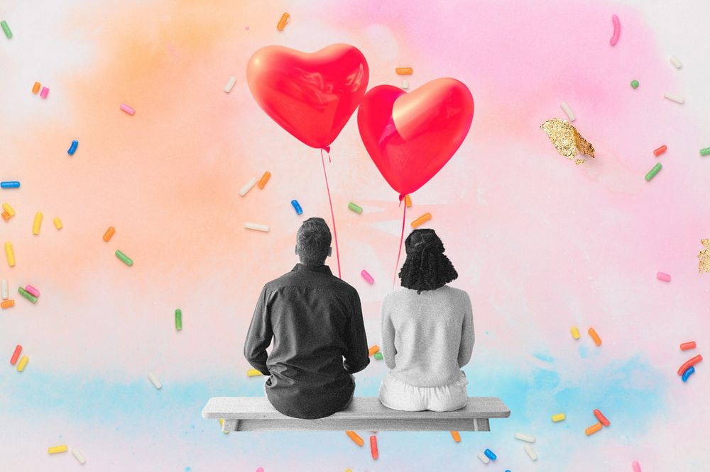 Couple sitting together background, Valentine's celebration remix, editable design