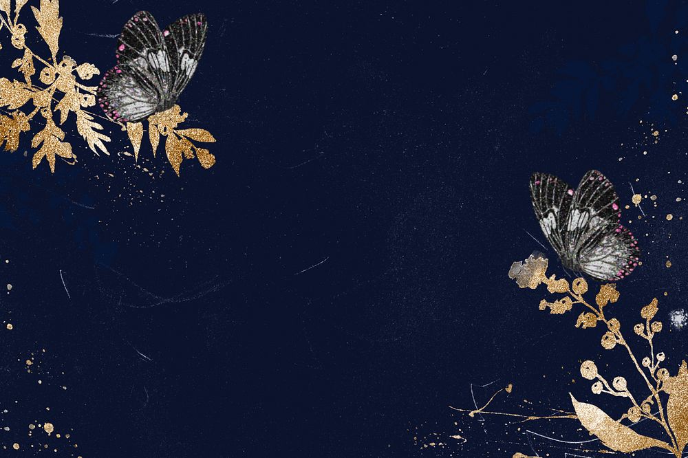 Blue aesthetic butterfly background, editable gold glittery design