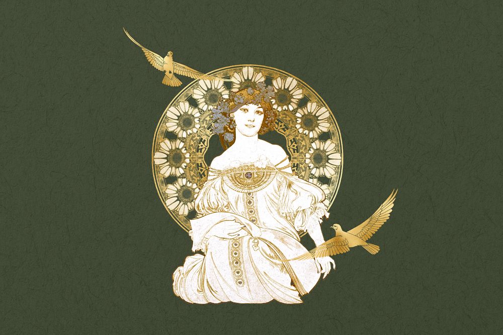 F Champenois background, Alphonse Mucha's famous artwork, remixed by rawpixel, editable design