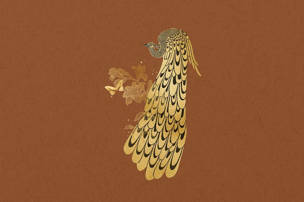 Gold peacock, editable brown background, remixed by rawpixel