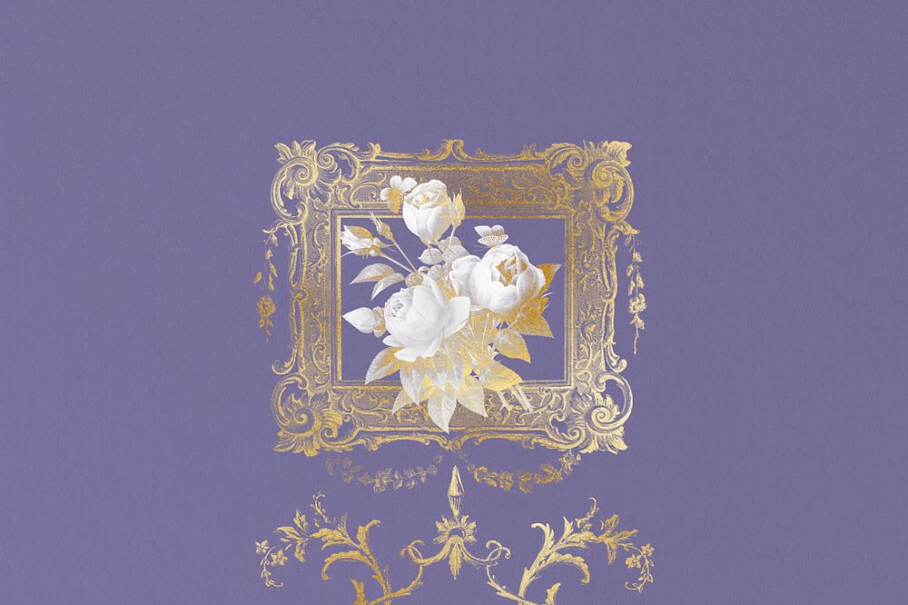 Aesthetic purple background, editable gold floral picture frame, remixed by rawpixel