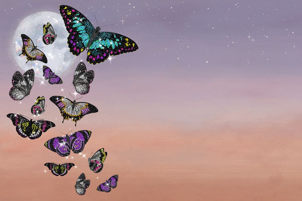 Dreamy butterflies background, editable full moon surreal design