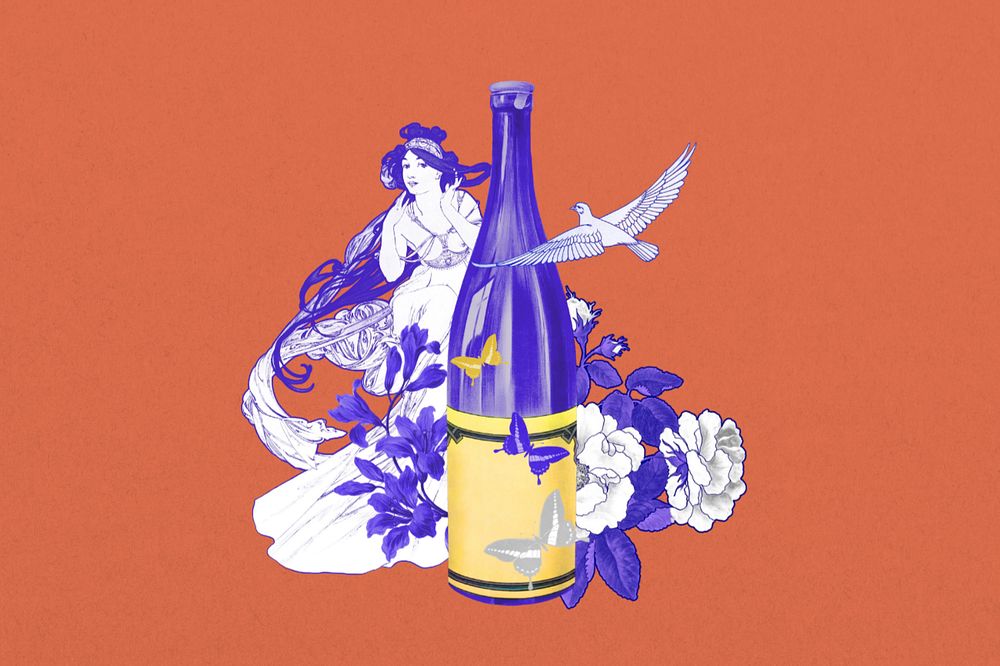 Vintage wine bottle background, Music (from Les Arts) by Alphonse Mucha, remixed by rawpixel, editable design