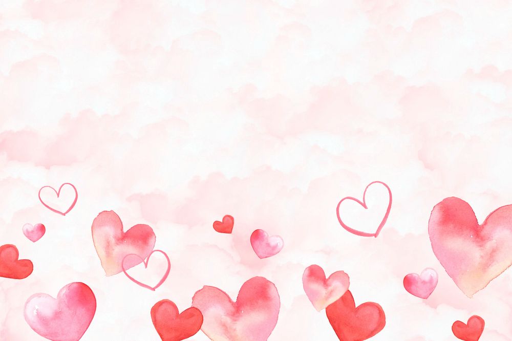 Pink clouds background, watercolor hearts border, editable design