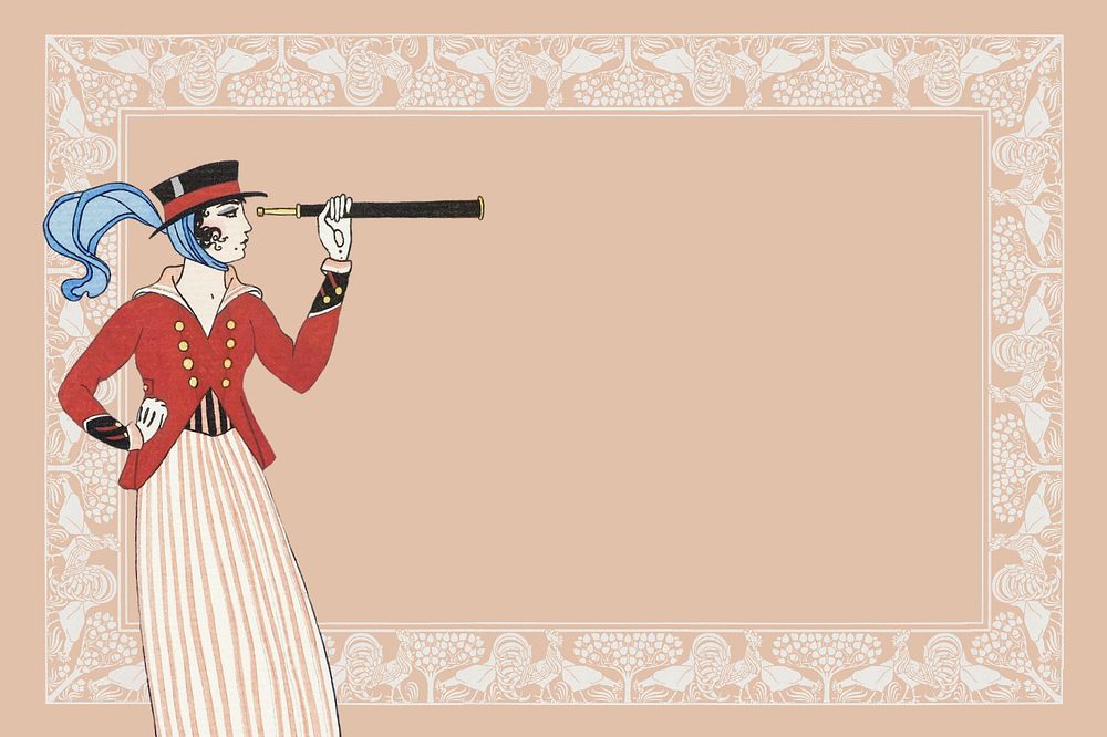 Victorian woman adventurer background, editable beige frame, remixed from the artwork of George Barbier