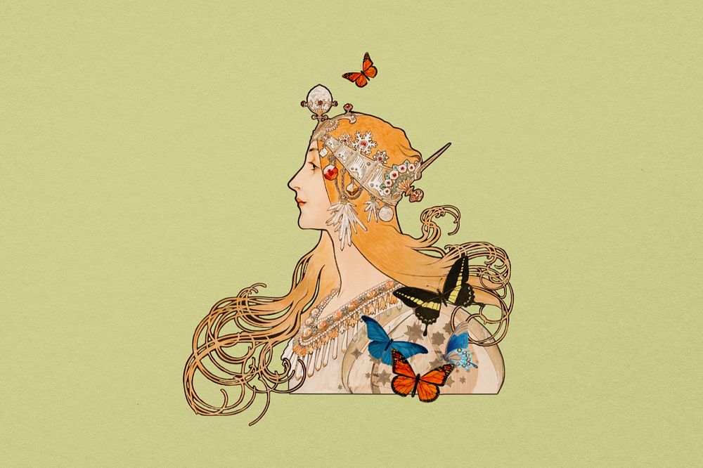 Alphonse Mucha's Zodiac background, vintage woman illustration, remixed by rawpixel, editable design