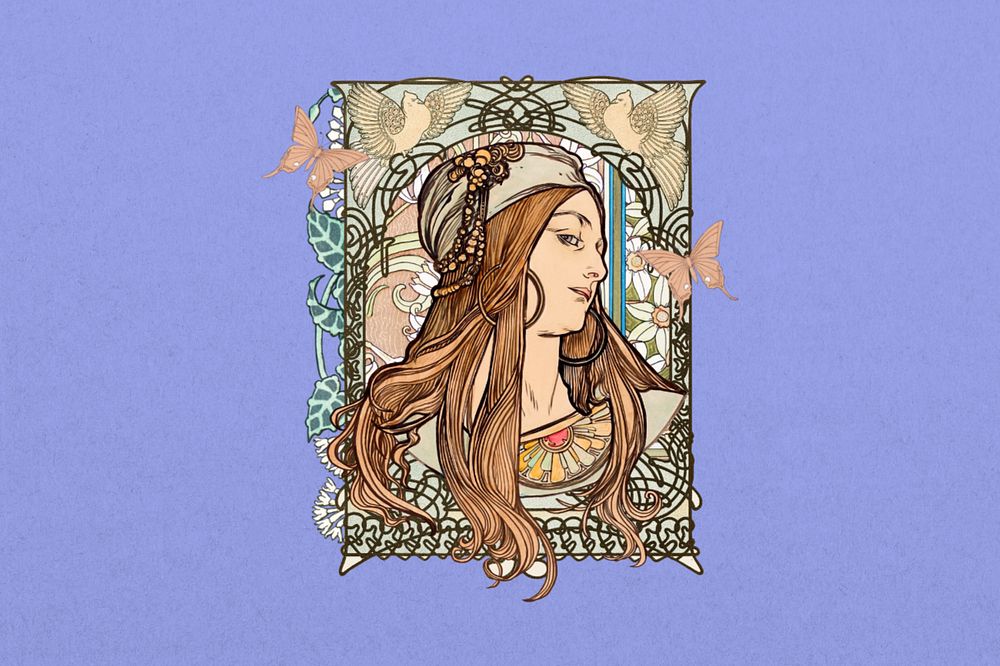 Art nouveau lady background, Alphonse Mucha's vintage artwork, remixed by rawpixel, editable design