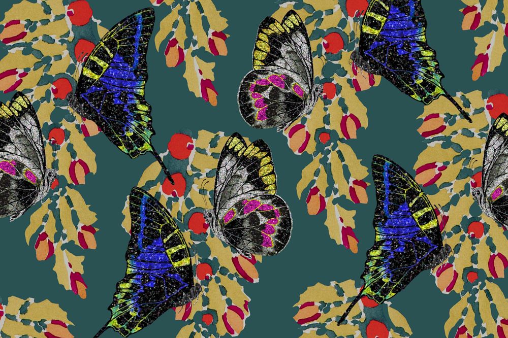 Vintage botanical butterfly background, editable pattern, remixed from the artwork of E.A. Séguy