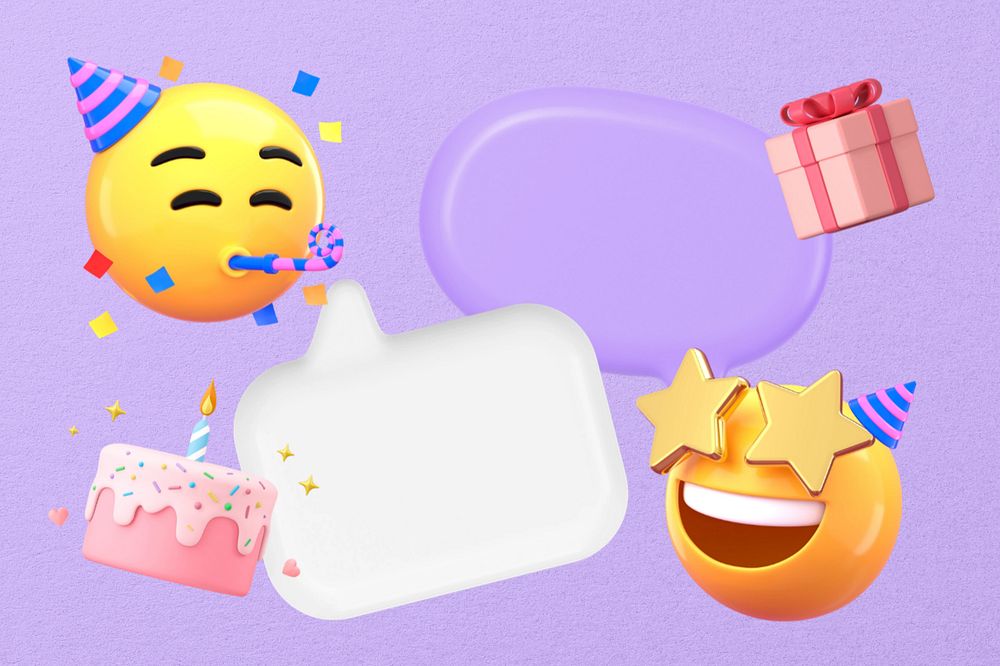 Party emoticons purple background, 3D speech bubbles, editable design