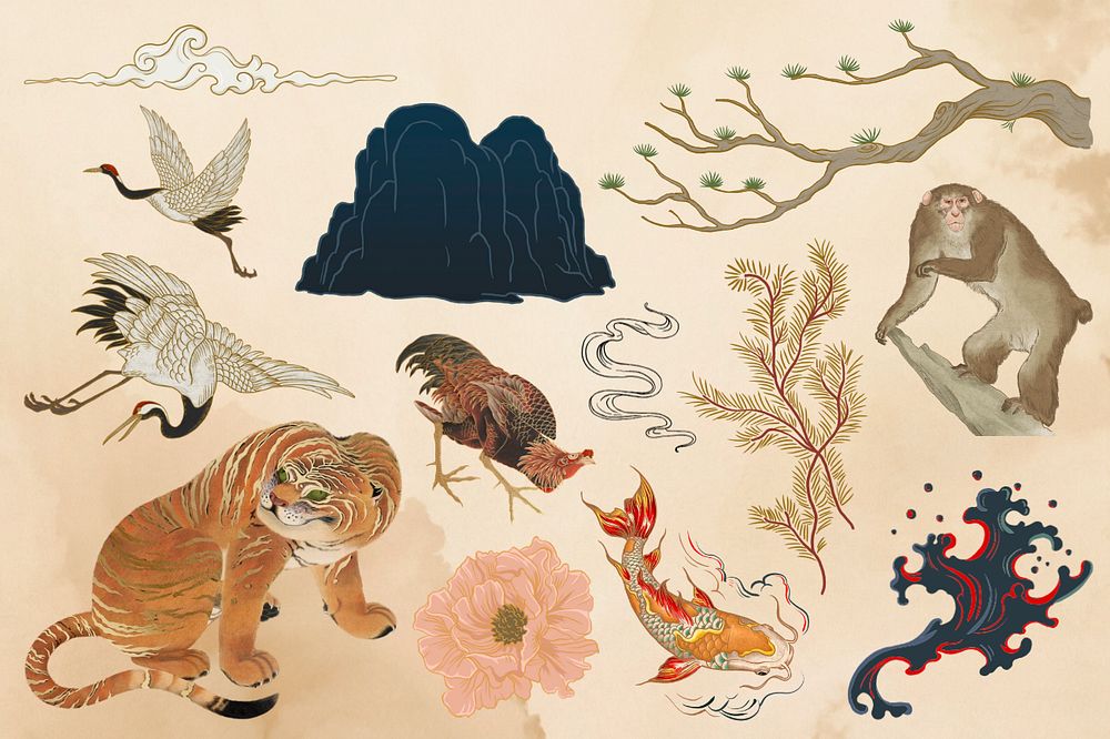 Japanese animals illustration sticker set, editable design