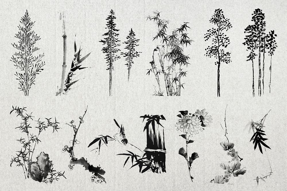 Japanese ink trees illustration sticker set, editable design