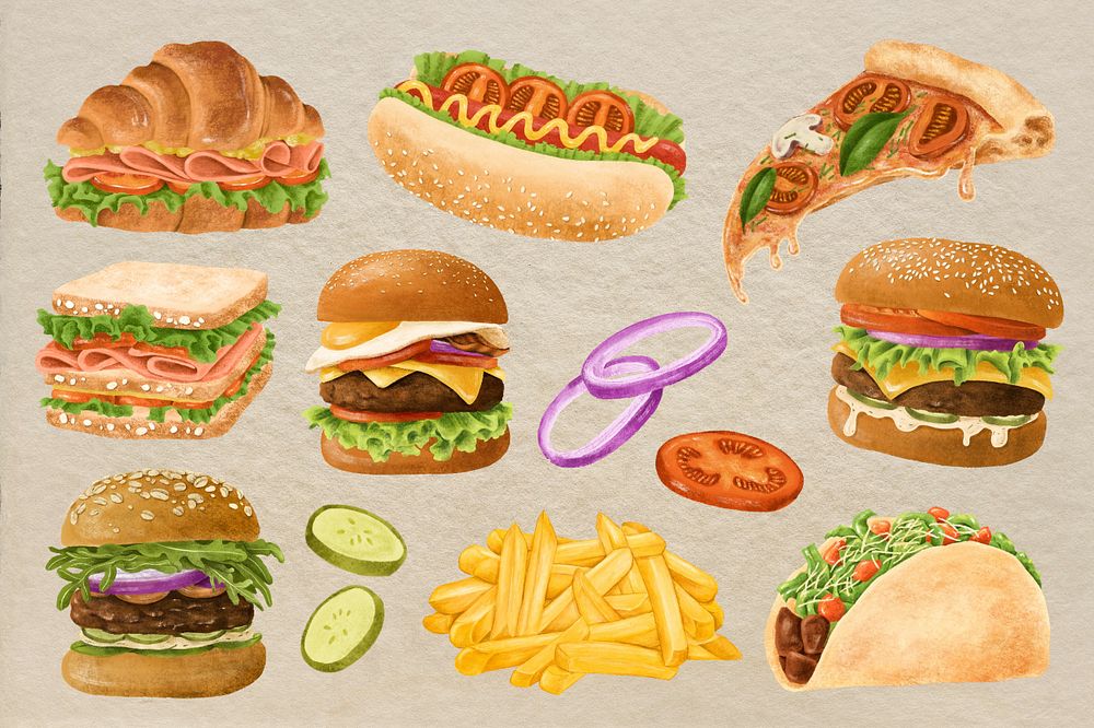 Fast food illustration sticker set, editable design