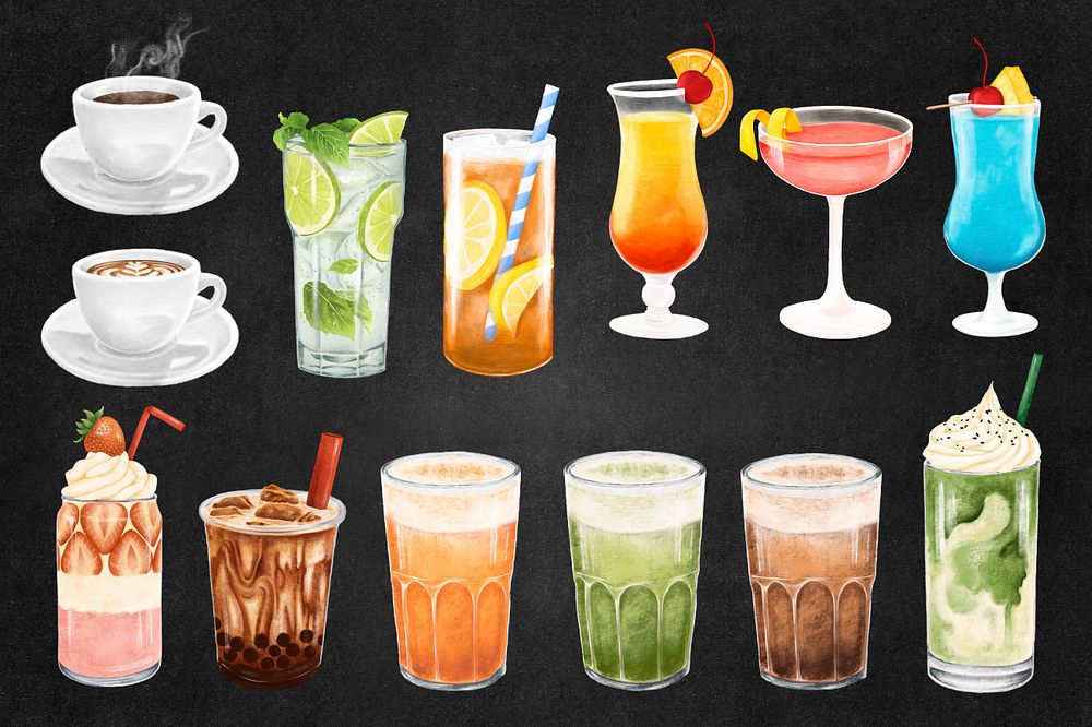 Drinks & beverages illustration sticker set, editable design