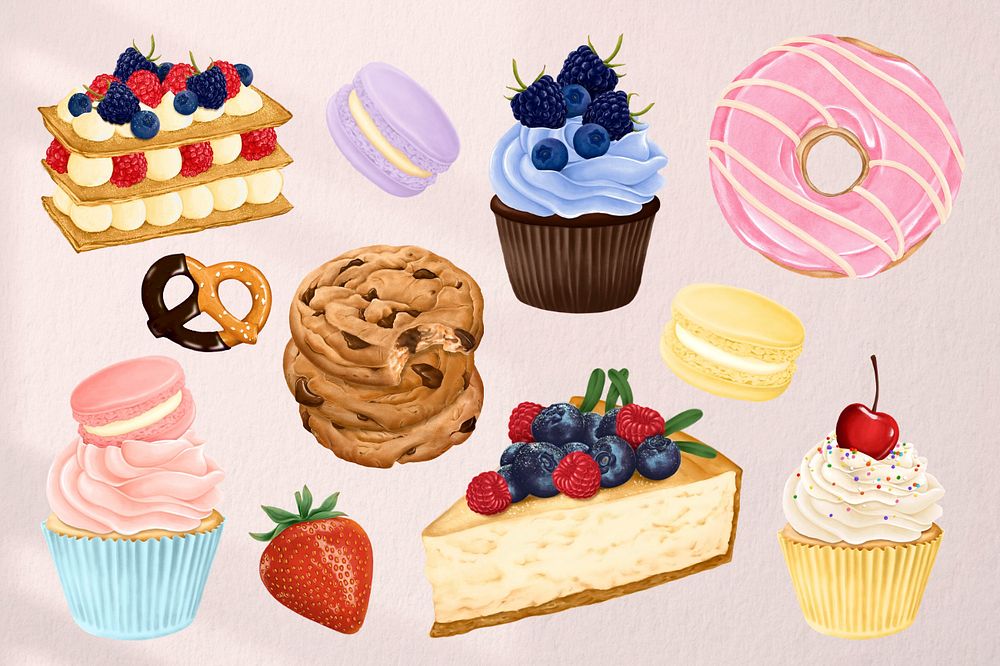 Desserts illustration sticker set, editable design