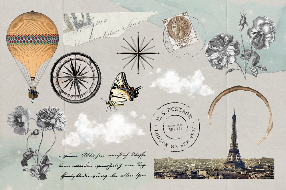 Travel journal illustration sticker set, editable design