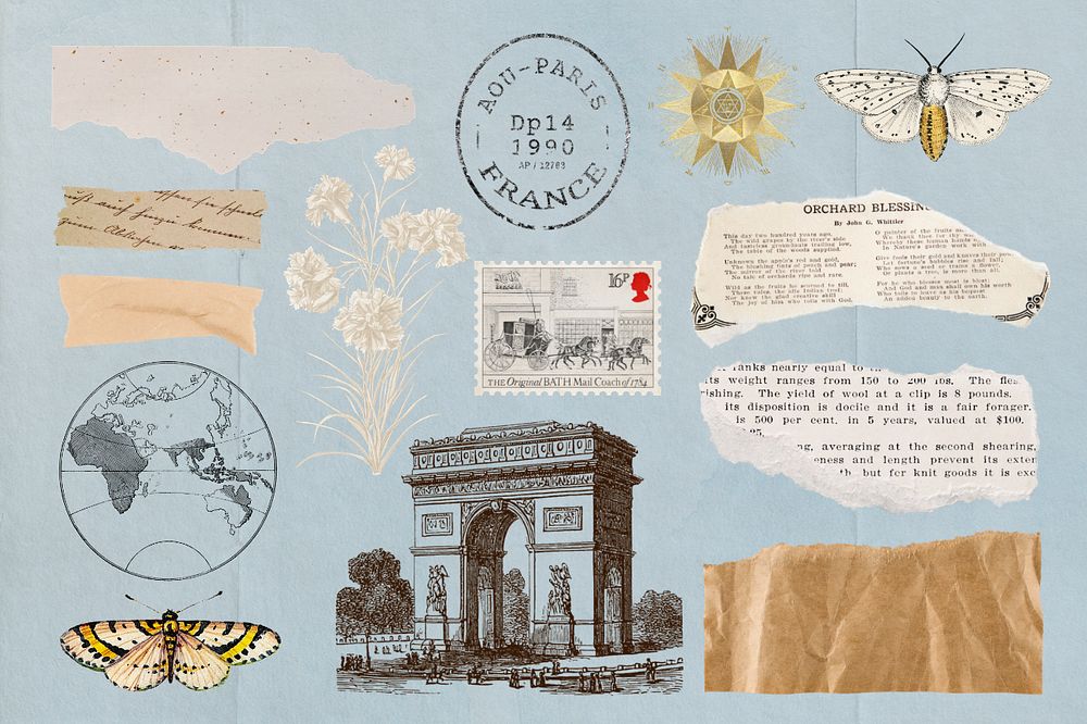 Travel ripped paper journal illustration sticker set, editable design
