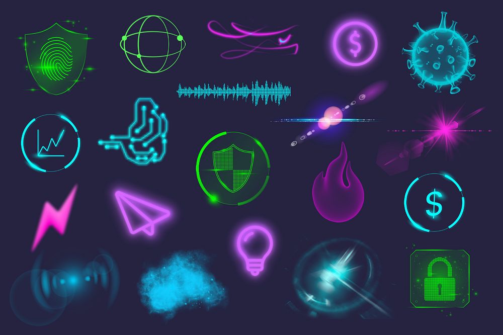 Neon technology illustration sticker set, editable design