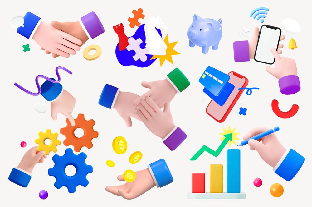 3D Businessman hands illustration sticker set, editable design
