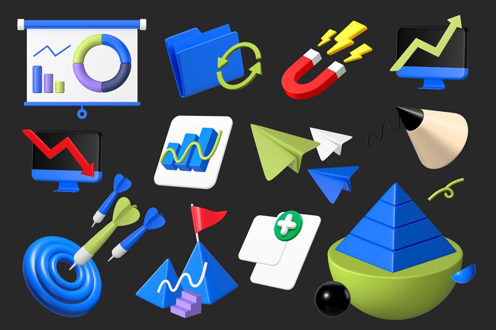 3D business icons illustration sticker set, editable design