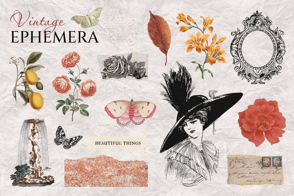 Vintage Ephemera illustration sticker set, editable design