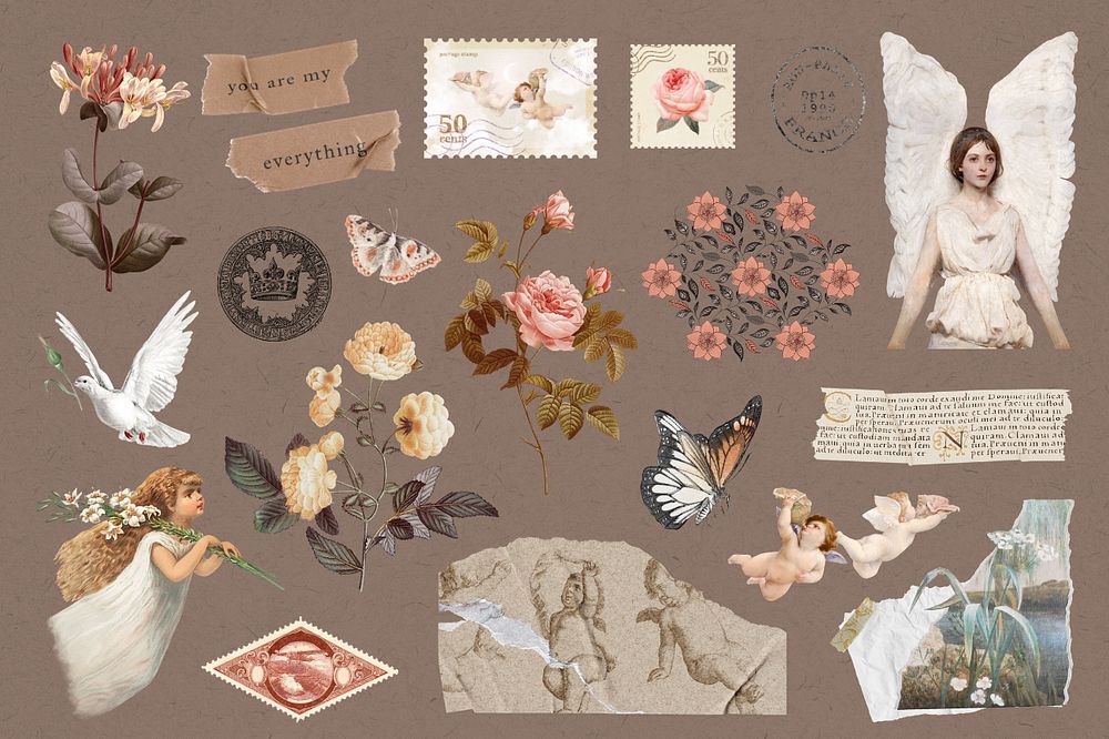 Vintage Ephemera illustration sticker set, editable design