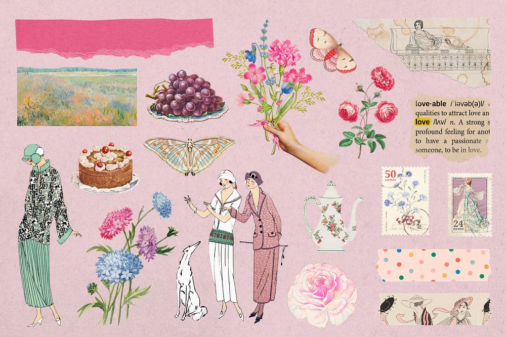 Vintage women illustration sticker set, editable design