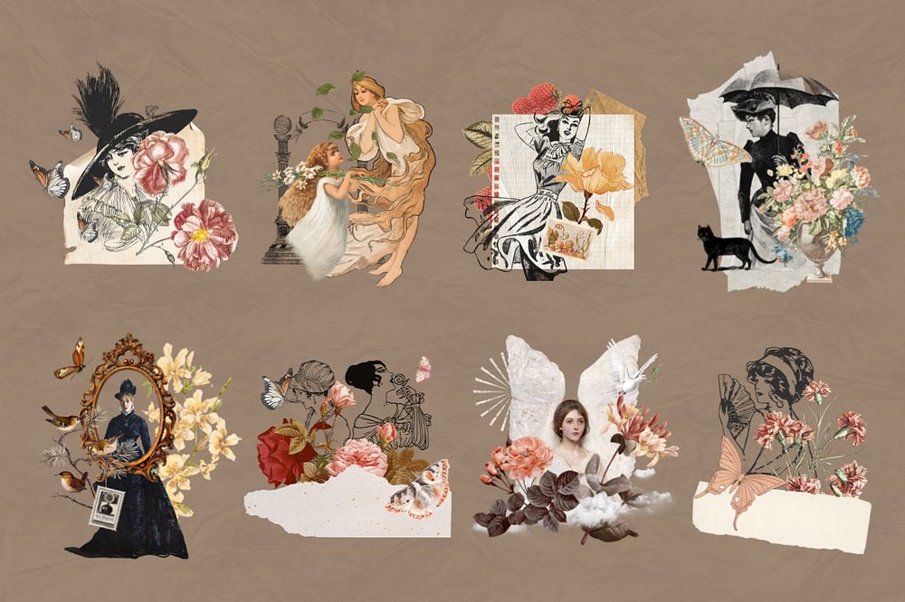 Women Ephemera remix illustration sticker set, editable design